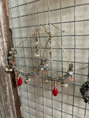 Gold Hoop Earrings with Red Teardrop Charms